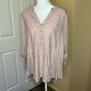 Democracy Light Pink Dusty Rose Embroidered Button Down V-Neck Blouse Size L